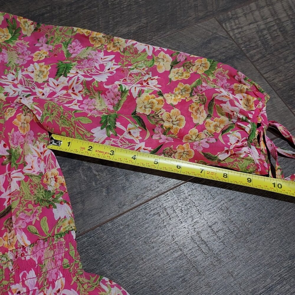 Fairycore Taylor Pink Floral 3/4 Sleeve V-Neck Button Ruffle Smocked Mini Dress - Picture 6 of 13